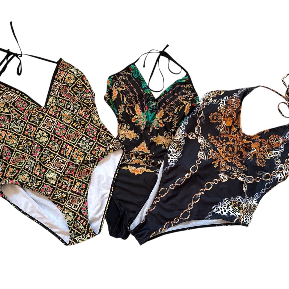 SHEIN Black One-Piece Bodysuit Swimwear with Gold Details